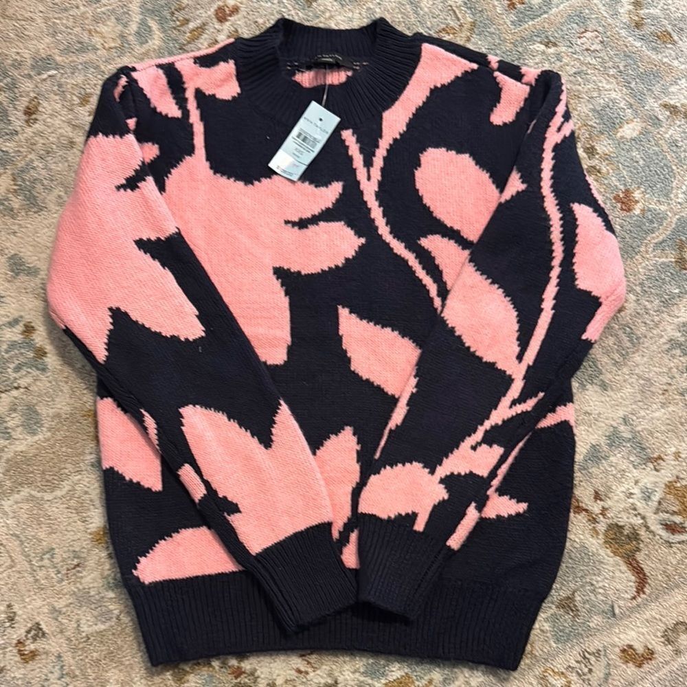 Ann Taylor Pink and Navy Crew Neck Sweater with Intarsia Design. NWT $109